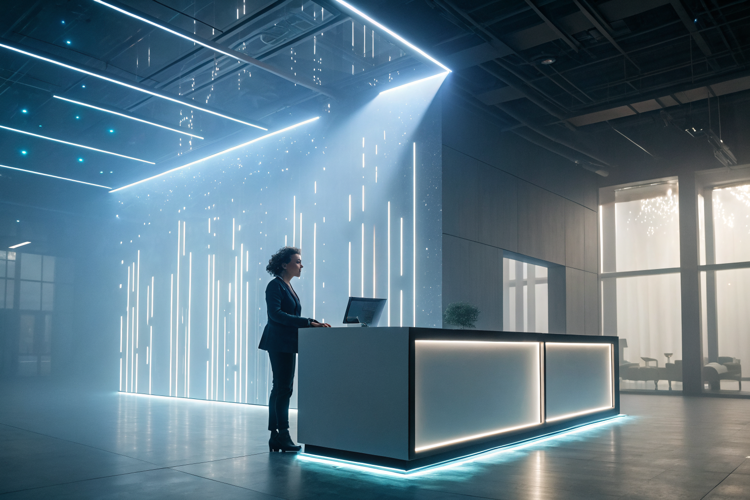 AI interface with data streams in a modern office, high detail.