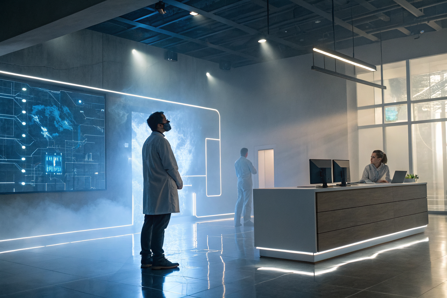 Futuristic dental reception with AI interface and staff member.