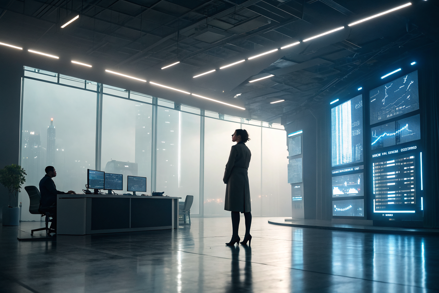 AI receptionist in a high-tech office with holographic screens and HVAC call data.