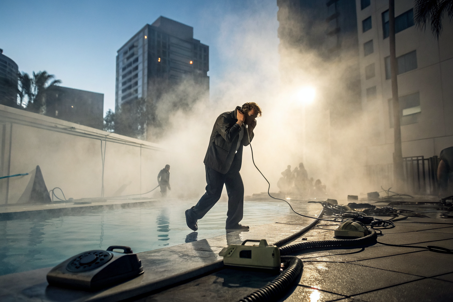 Pool technician overwhelmed by phone calls in urban environment.