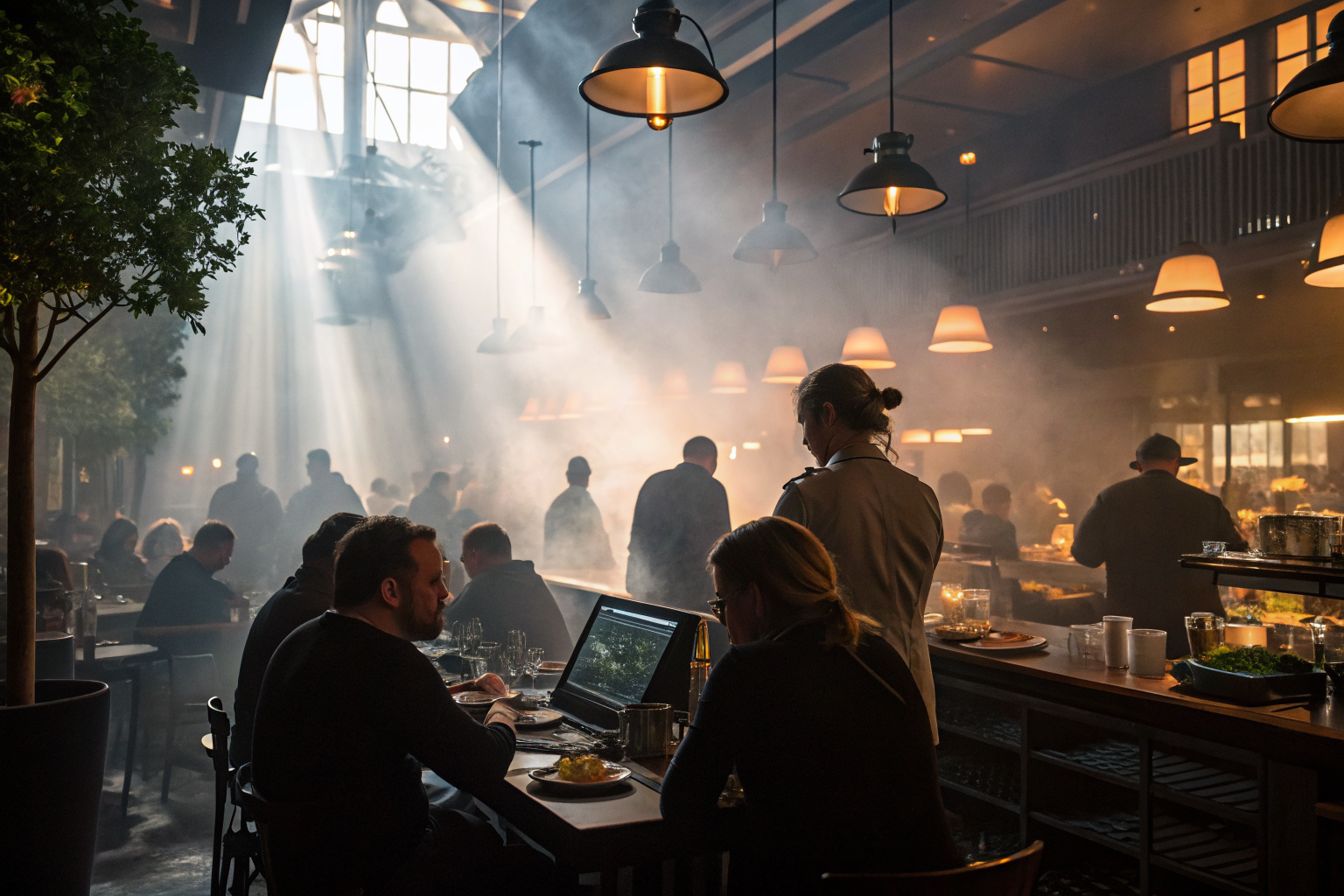 Busy restaurant with ringing phones and AI interface handling calls.