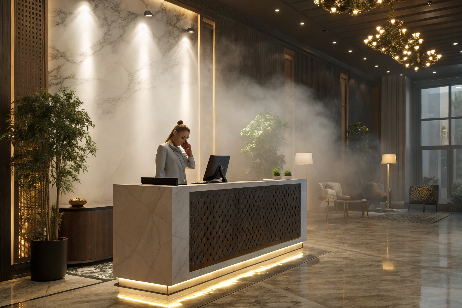 Salon reception with AI terminal, receptionist on call, elegant decor.