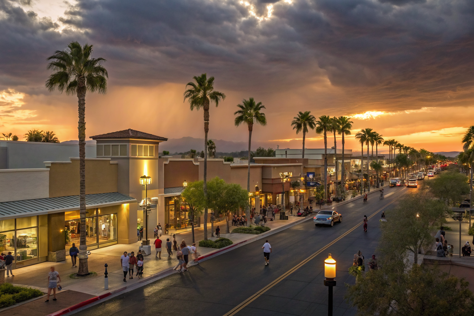 Gilbert business district at twilight with family-service shops.