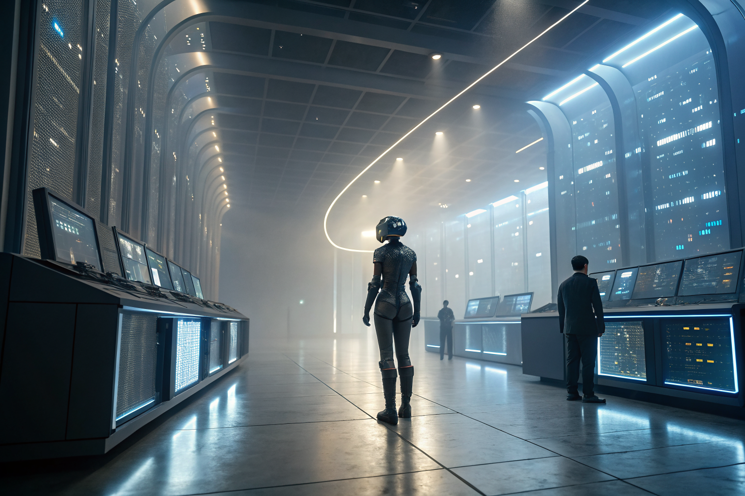 Futuristic AI receptionist in high-tech office with glowing interfaces.