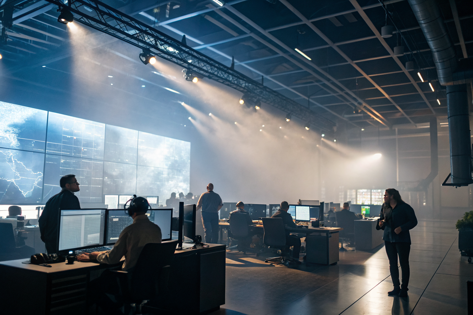 AI interfaces managing calls in a modern office, dramatic lighting.