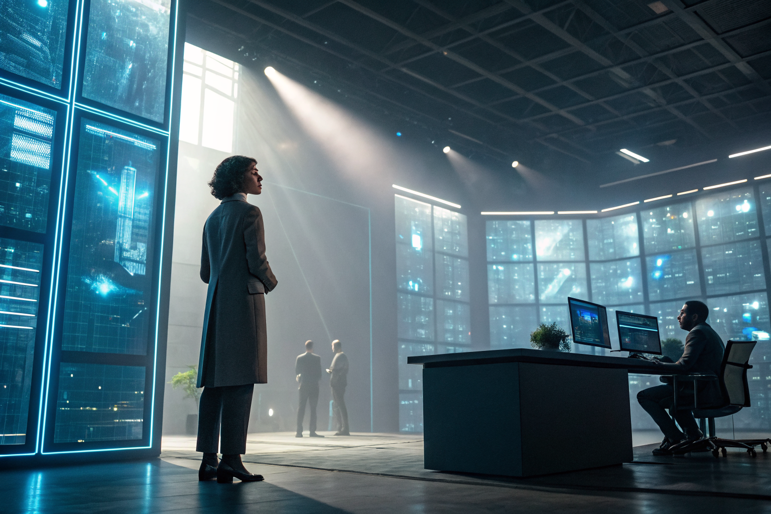 AI receptionist hologram in futuristic office with digital interface layers.