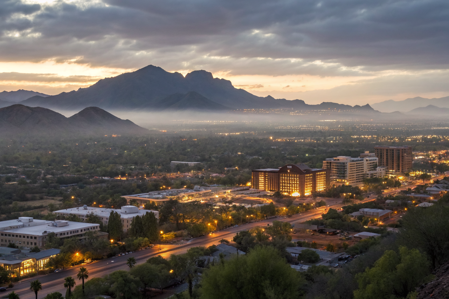 Scottsdale cityscape at dusk with luxurious spas and salons, dramatic lighting.