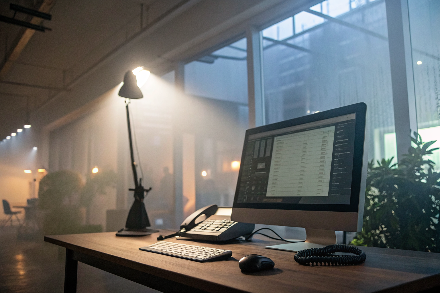 Office desk with computer displaying AI software and phone next to it.