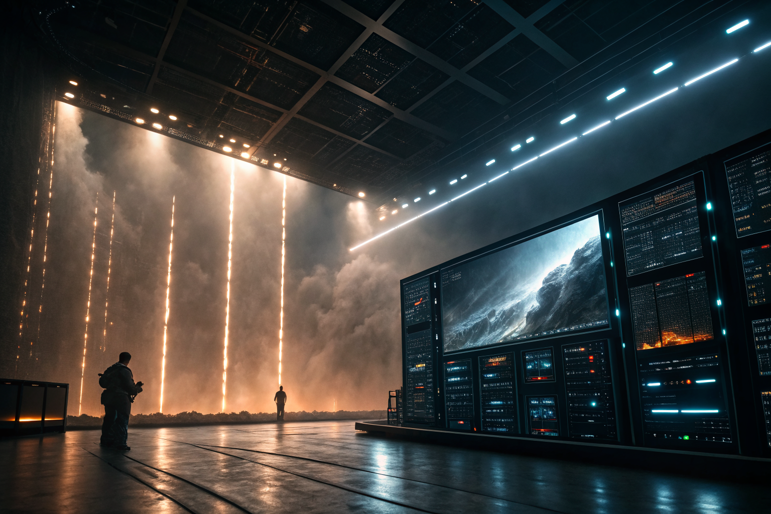 Futuristic AI interface with glowing data streams in a dramatic scene.
