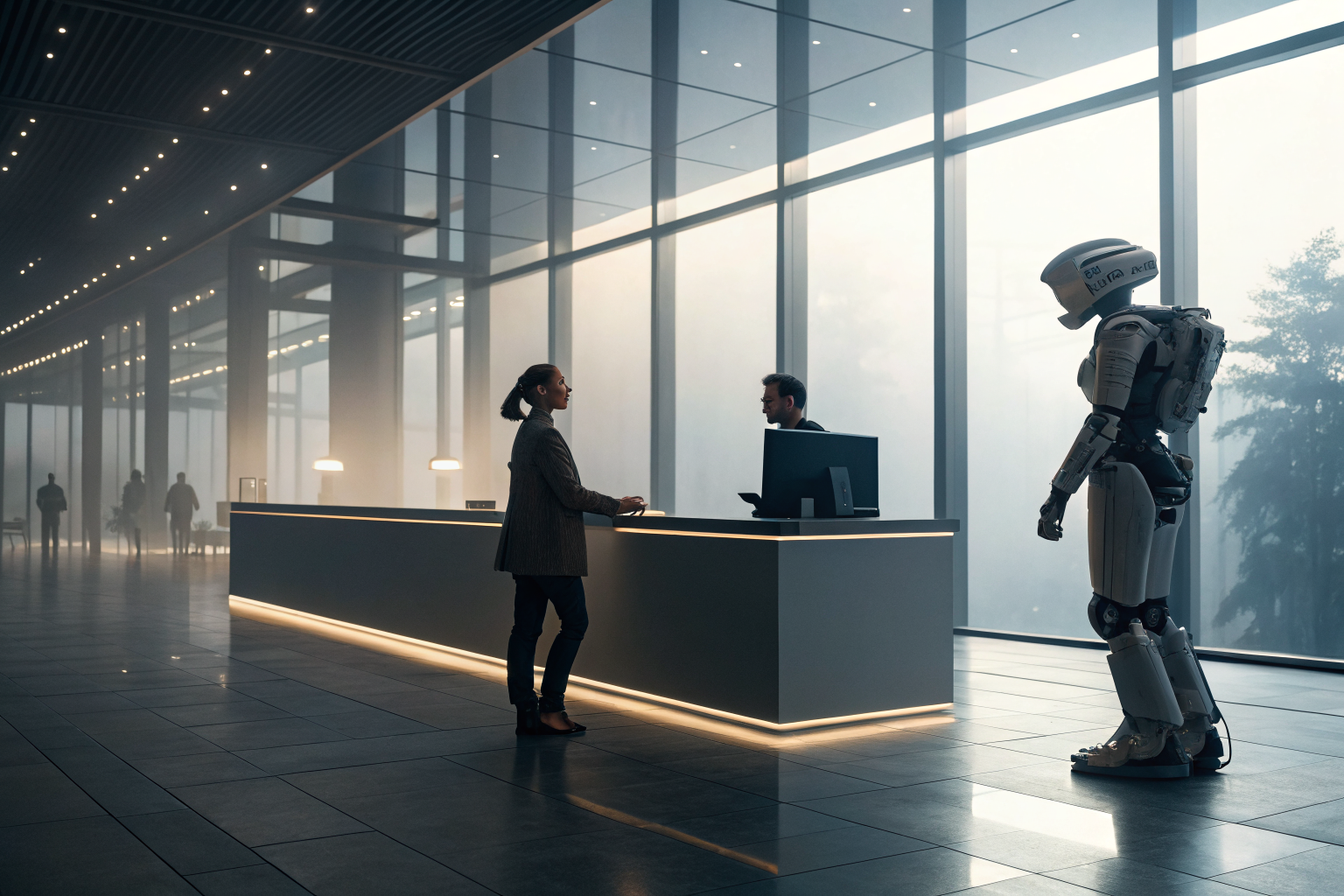 Futuristic AI and human receptionist in a modern office lobby, dramatic lighting.