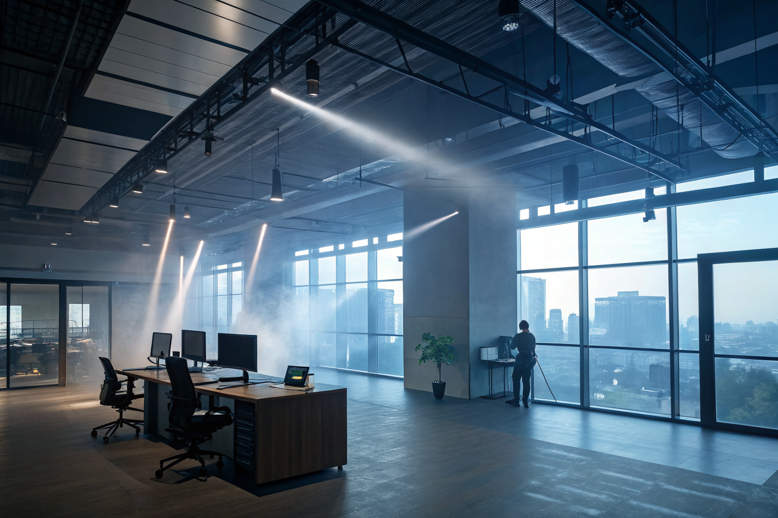 AI answering system in a modern Phoenix office, dramatic lighting.