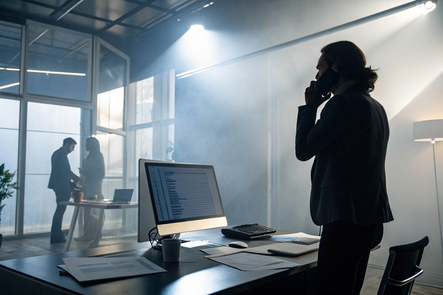 Person on phone with AI interface and legal documents, dramatic lighting.