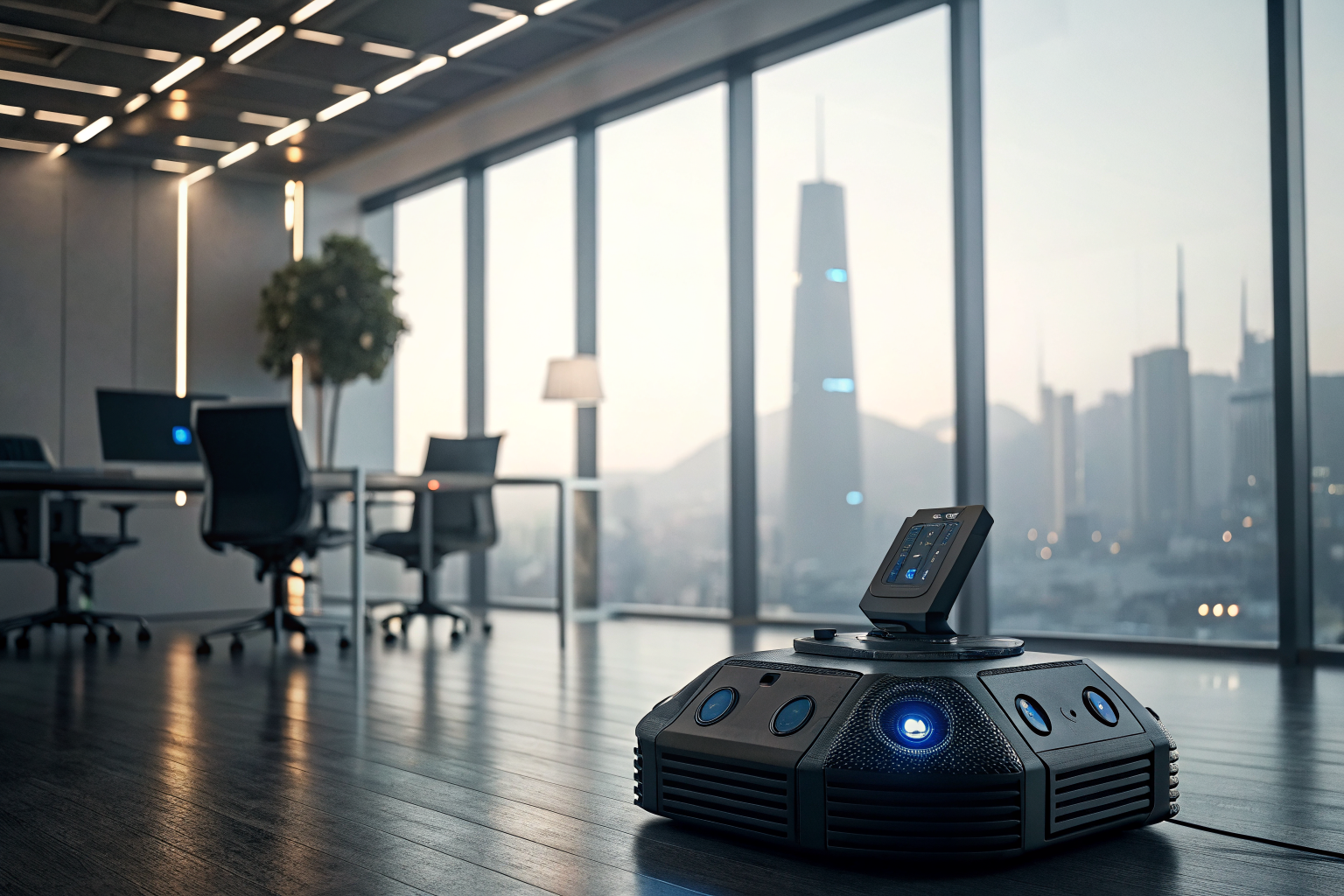 Futuristic AI device managing phone calls in a high-tech office with dramatic lighting.