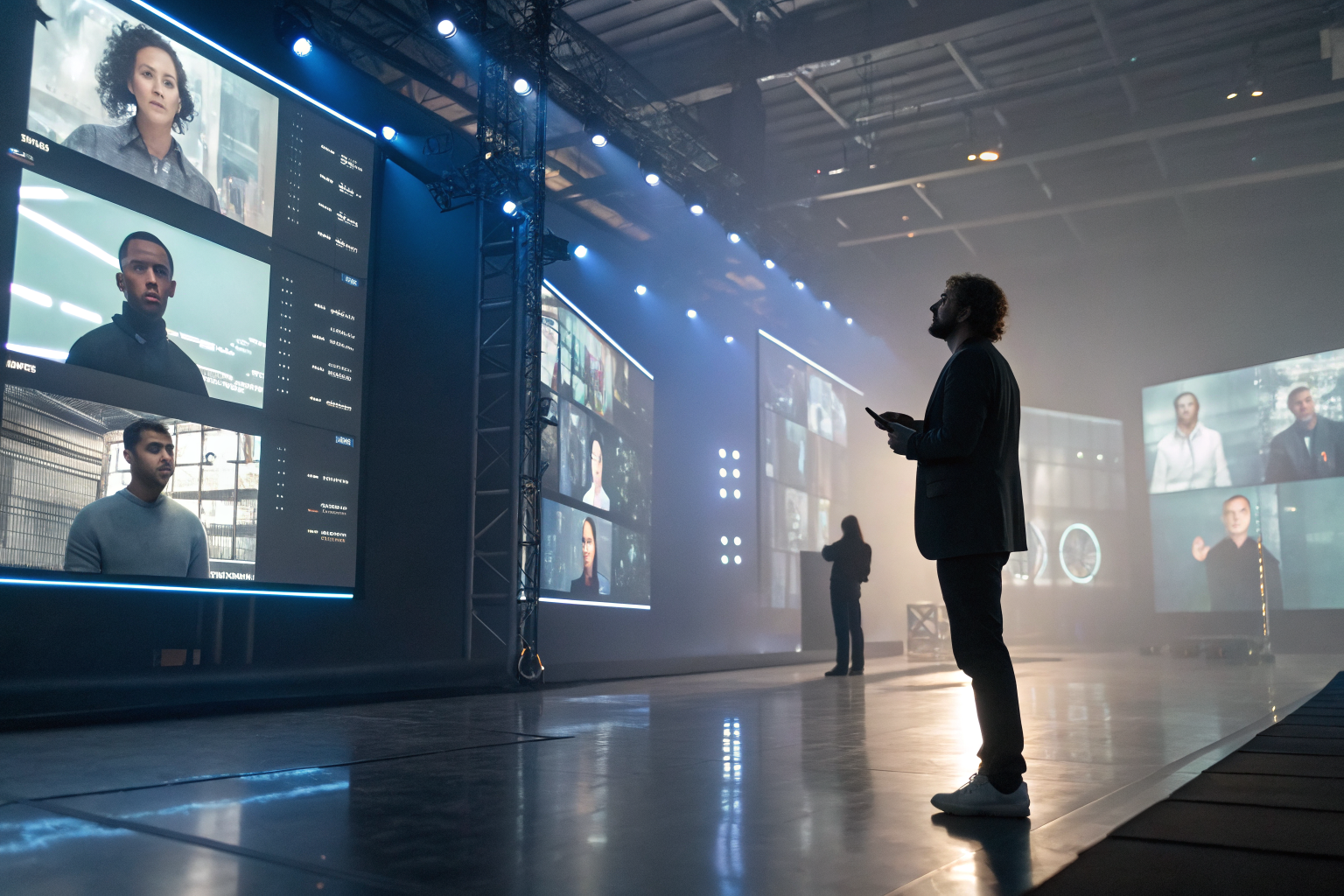 AI interacting with SMS messages, digital screens in a business setting.