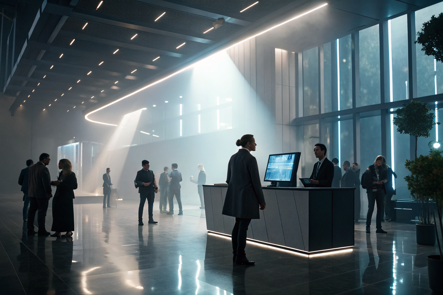 Futuristic office lobby with AI receptionist interface and business people.