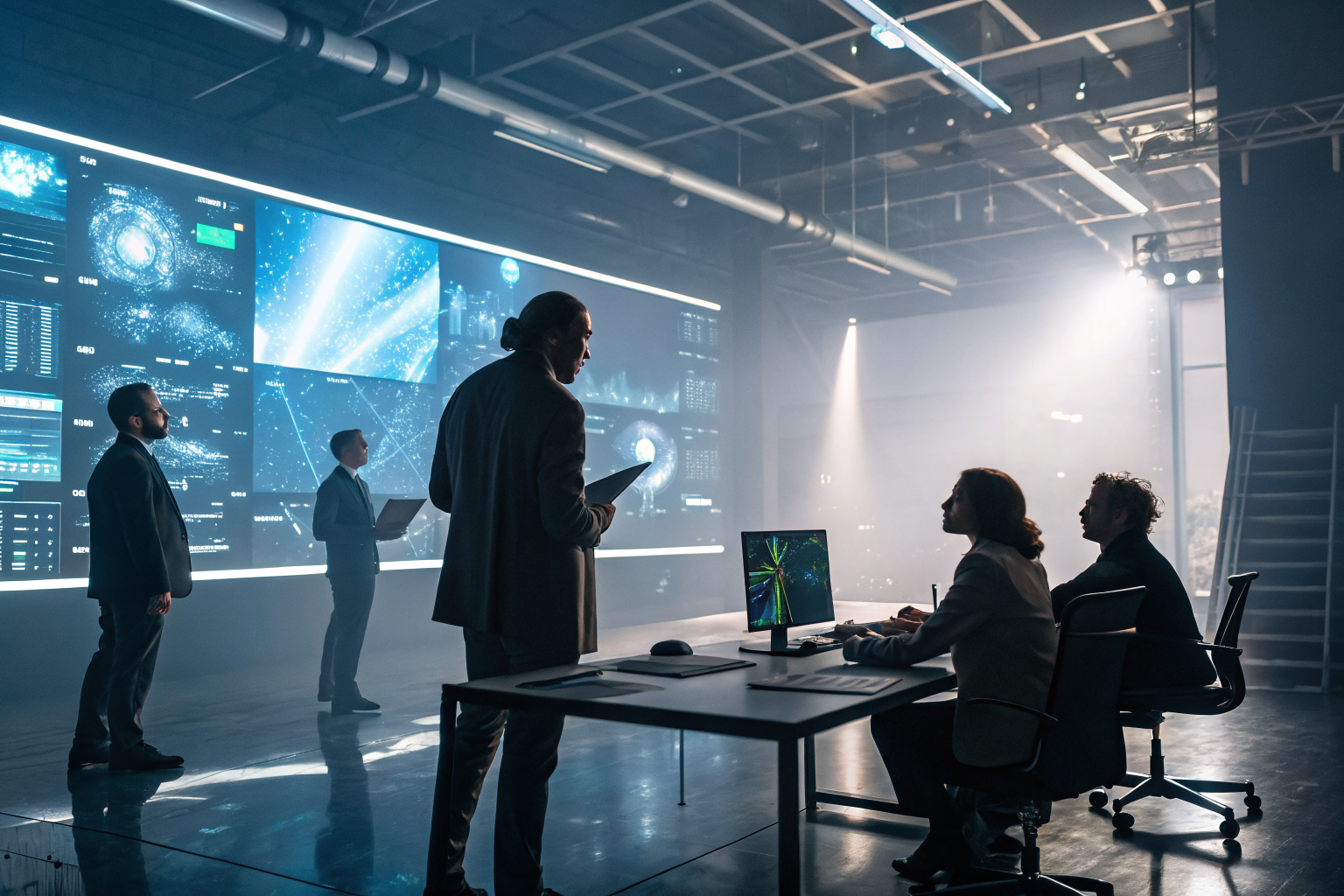 Futuristic office with professionals and digital dashboards in a boardroom.