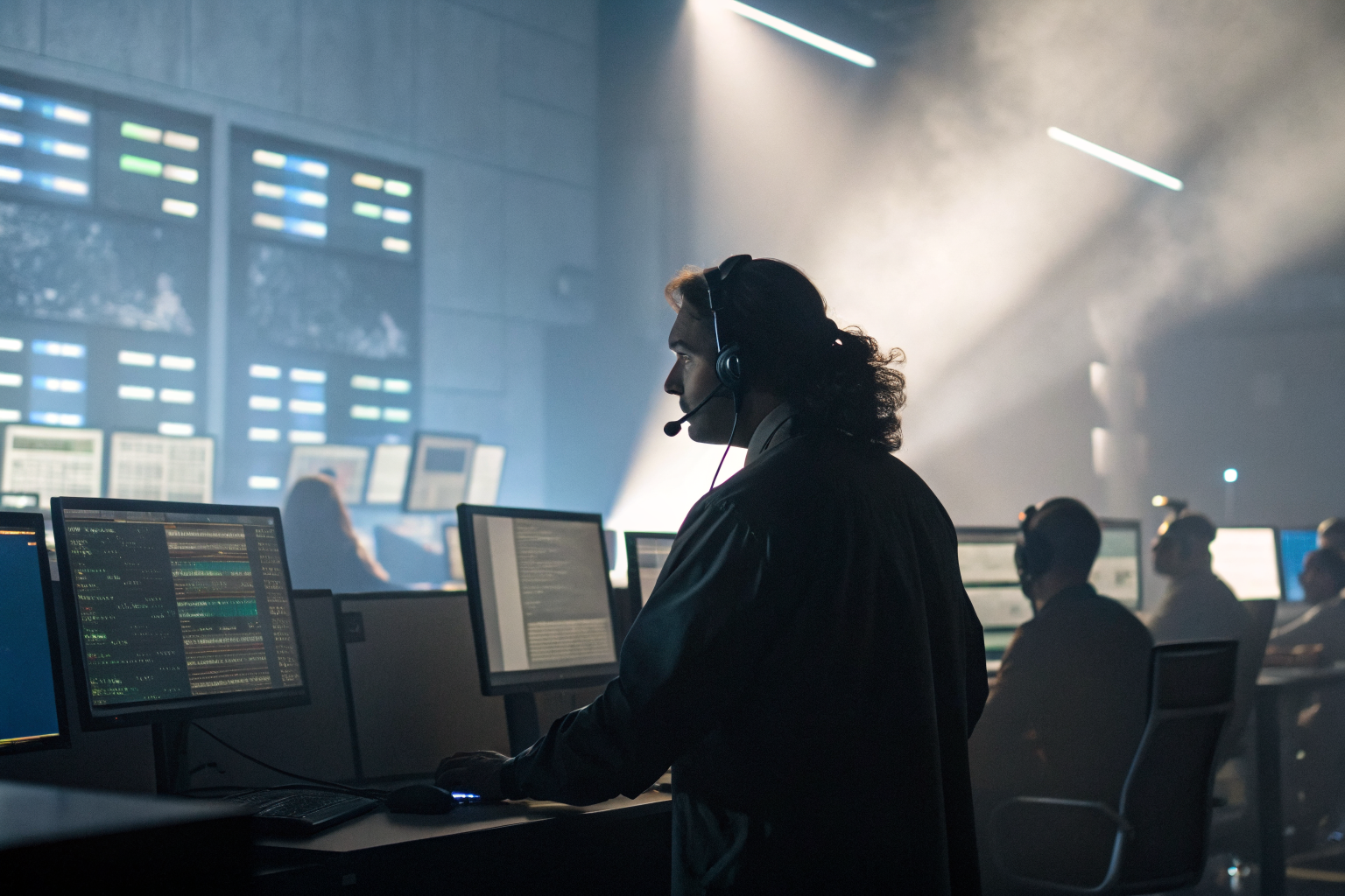 Call center operator with screens showing call rates and durations.