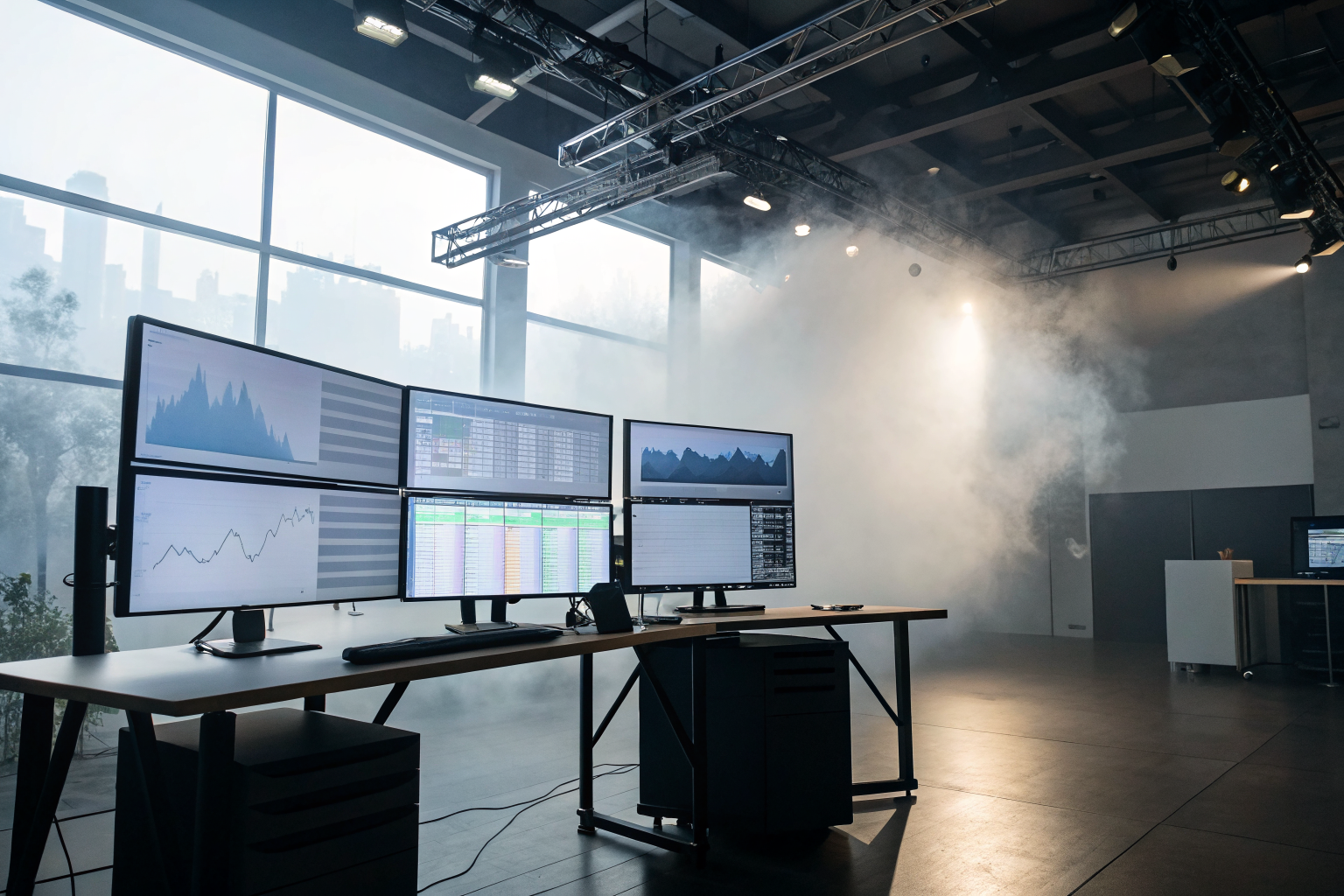 Office with monitors showing marketing software, dramatic lighting, and fog.