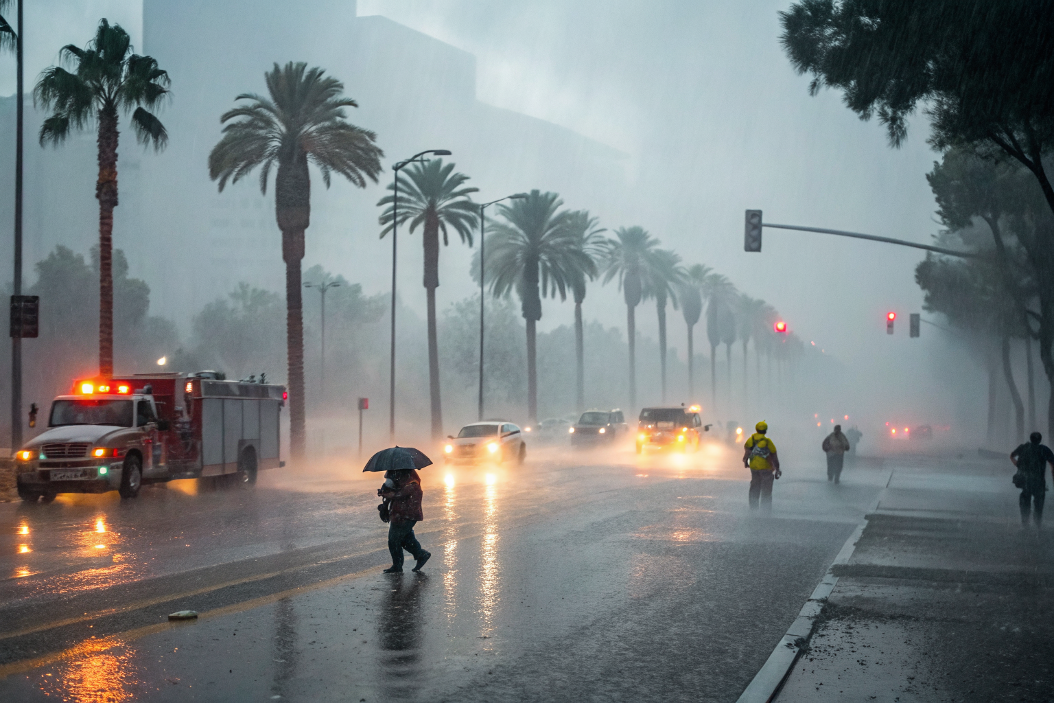 Phoenix street in a monsoon with emergency responders during heavy rain and wind.