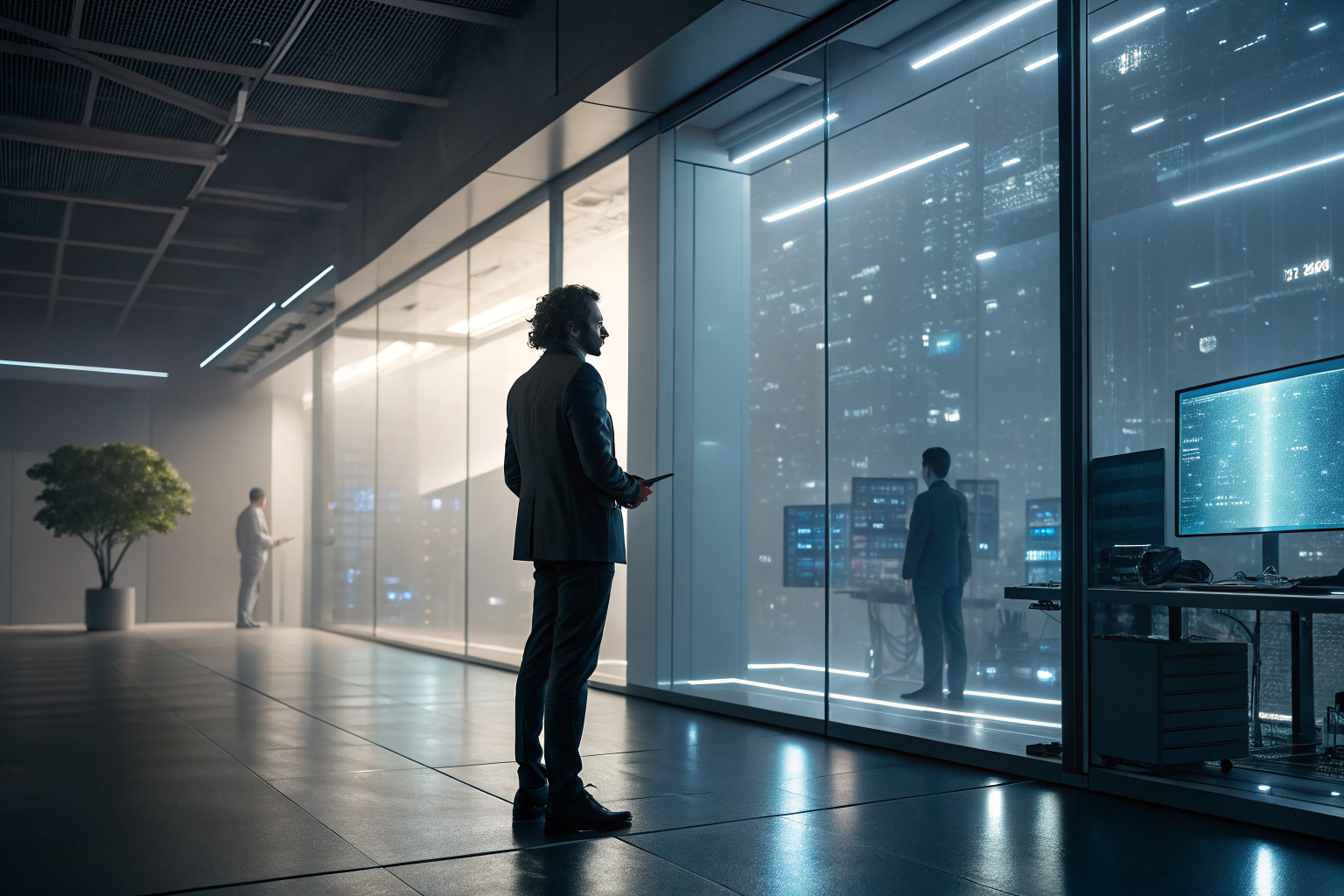 Futuristic AI employee managing digital interfaces in a high-tech office.