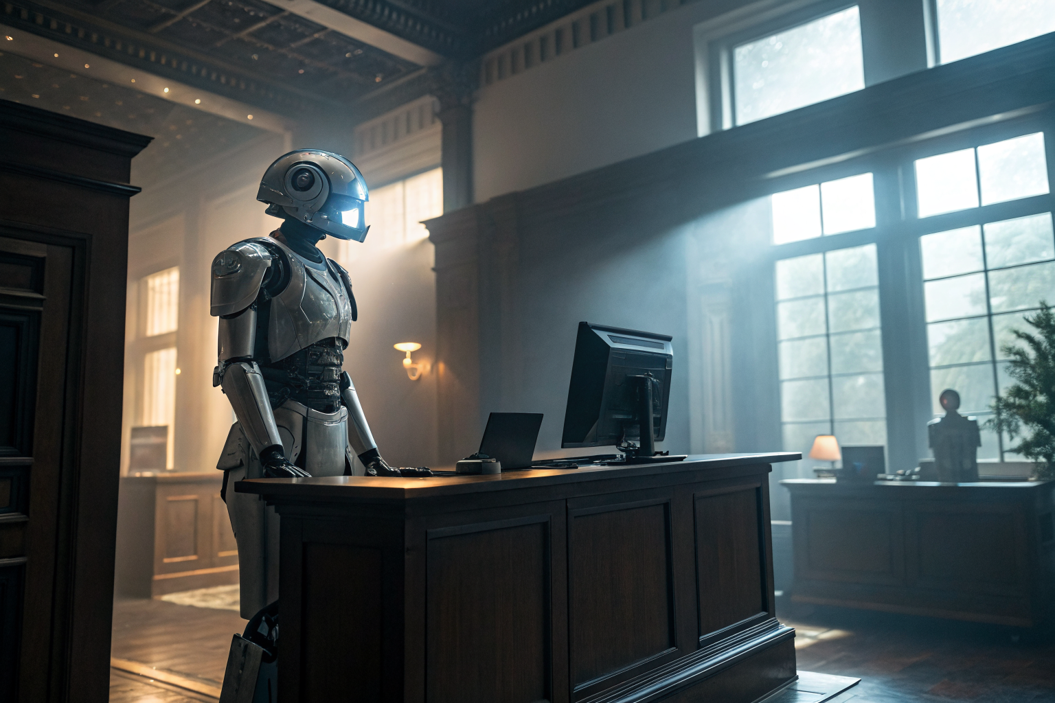 AI receptionist in Phoenix office with dramatic lighting and fog.