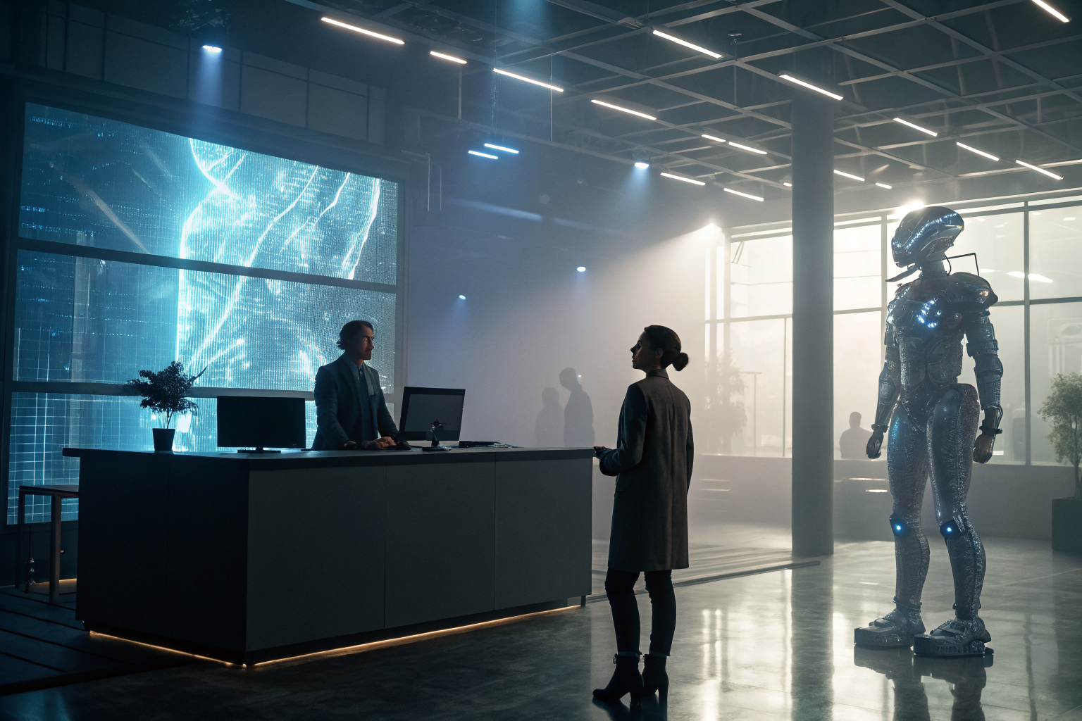 Futuristic office with AI hologram interacting with human agent.
