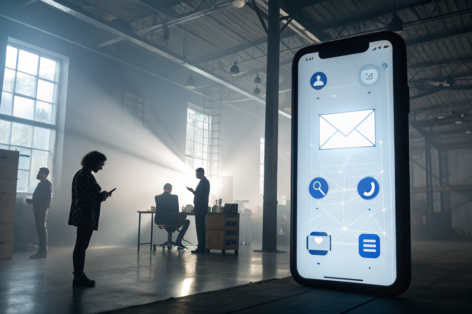 Smartphone with SMS notification in a futuristic office, dramatic lighting