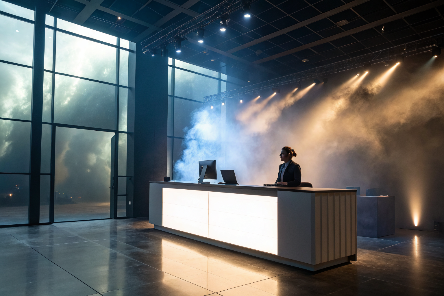 Modern office with AI receptionist interface, dramatic lighting.