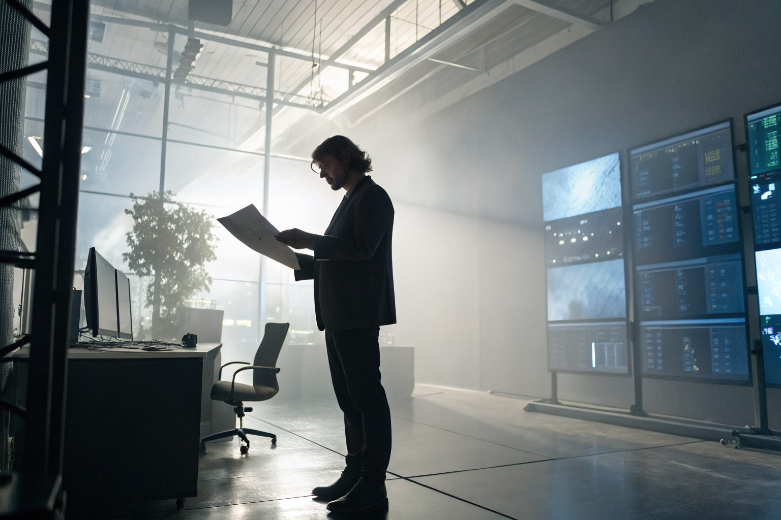 Business owner with TCPA compliance documents in modern office, digital screens around.