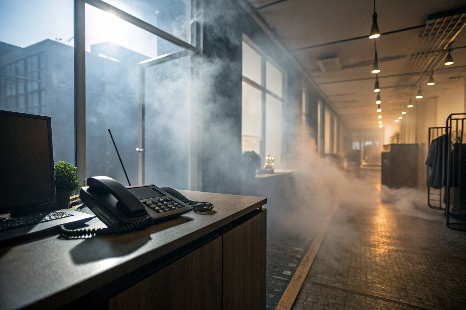 Unattended ringing phone in a small business office, dramatic lighting.