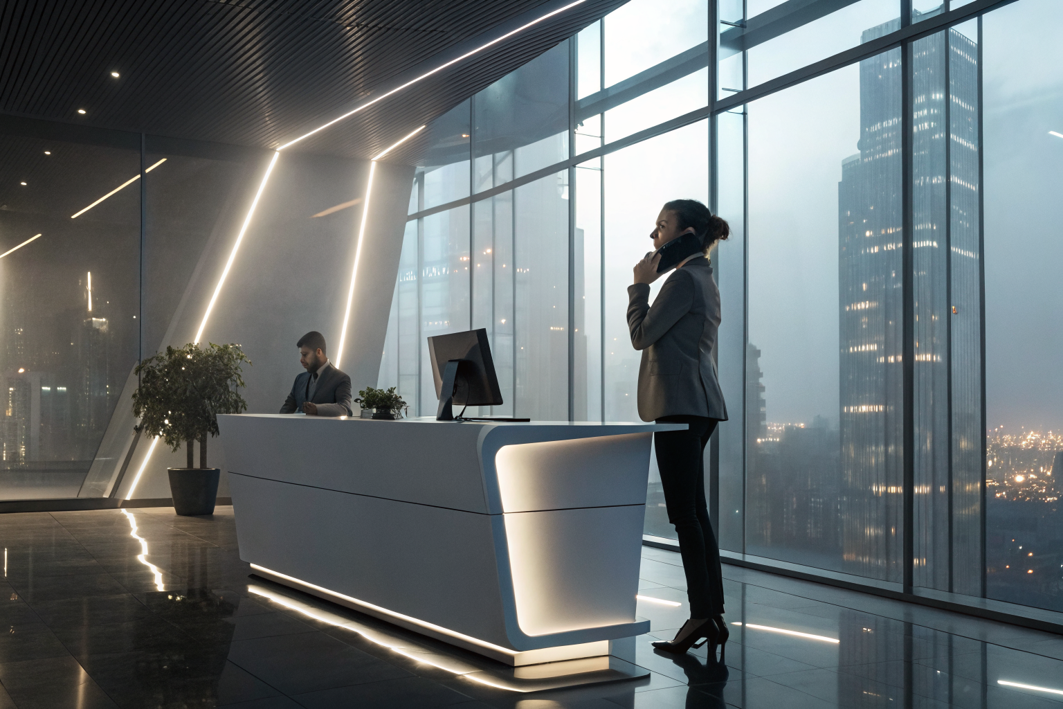 AI receptionist in high-tech office, caller interaction, dramatic lighting