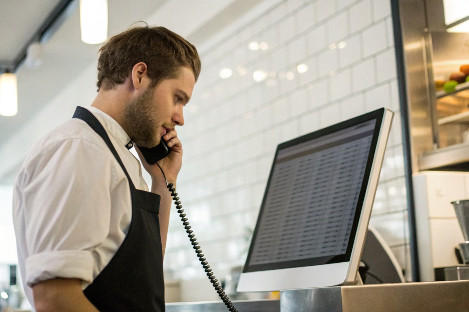 Restaurant staff answering FAQ calls, computer screen visible.