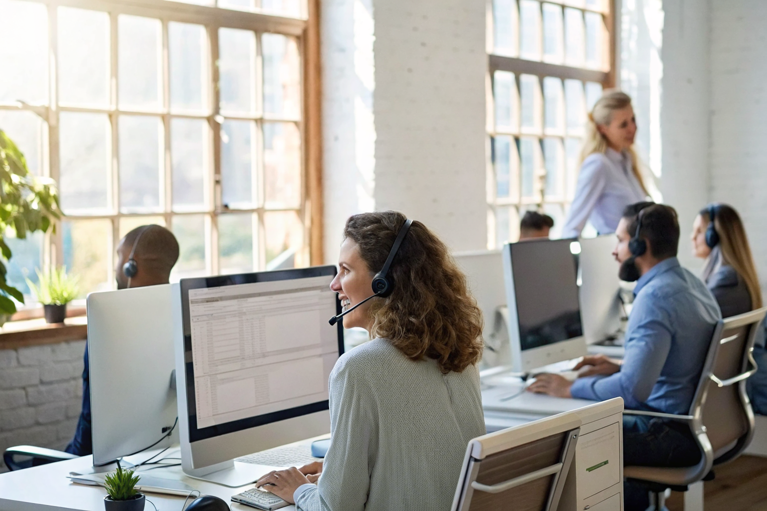 Office with computer answering FAQs automatically, staff appearing relieved.