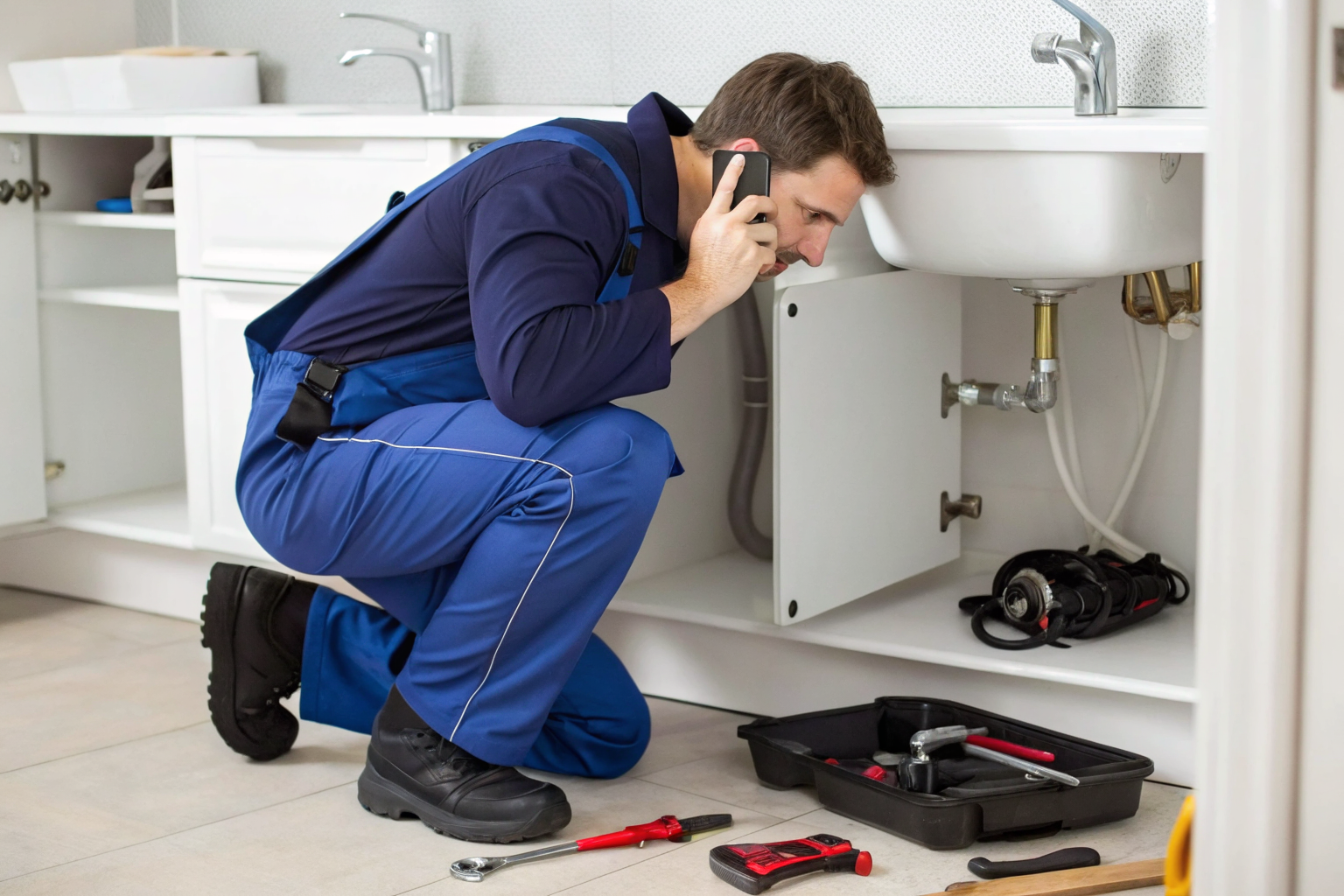 Plumber under sink with ringing phone, unable to answer.