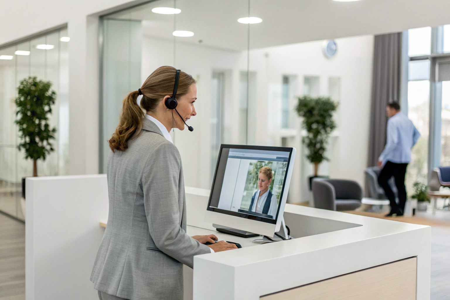Human receptionist using AI software for call handling.