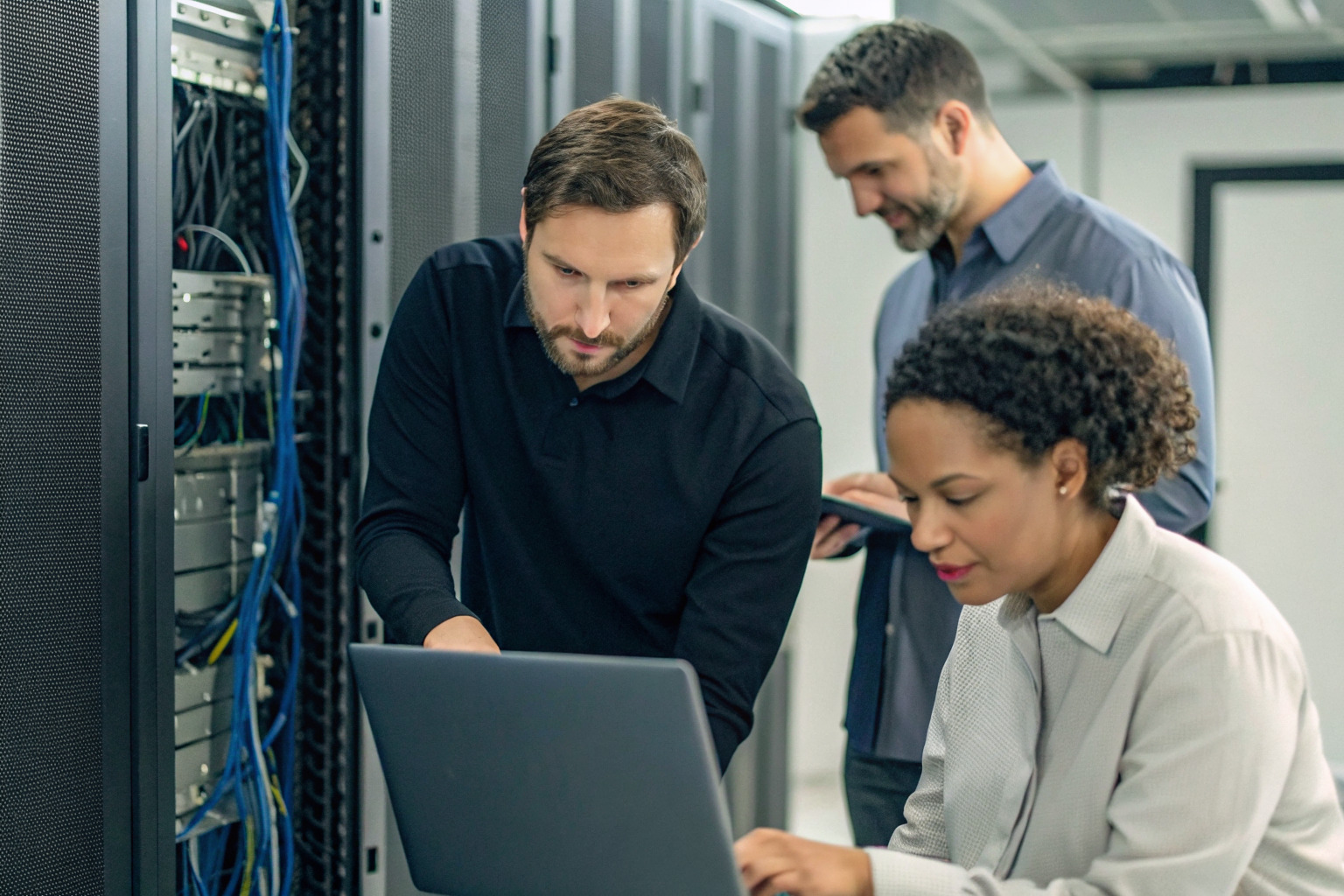 Team configuring AI answering system on-site, no user dashboard.
