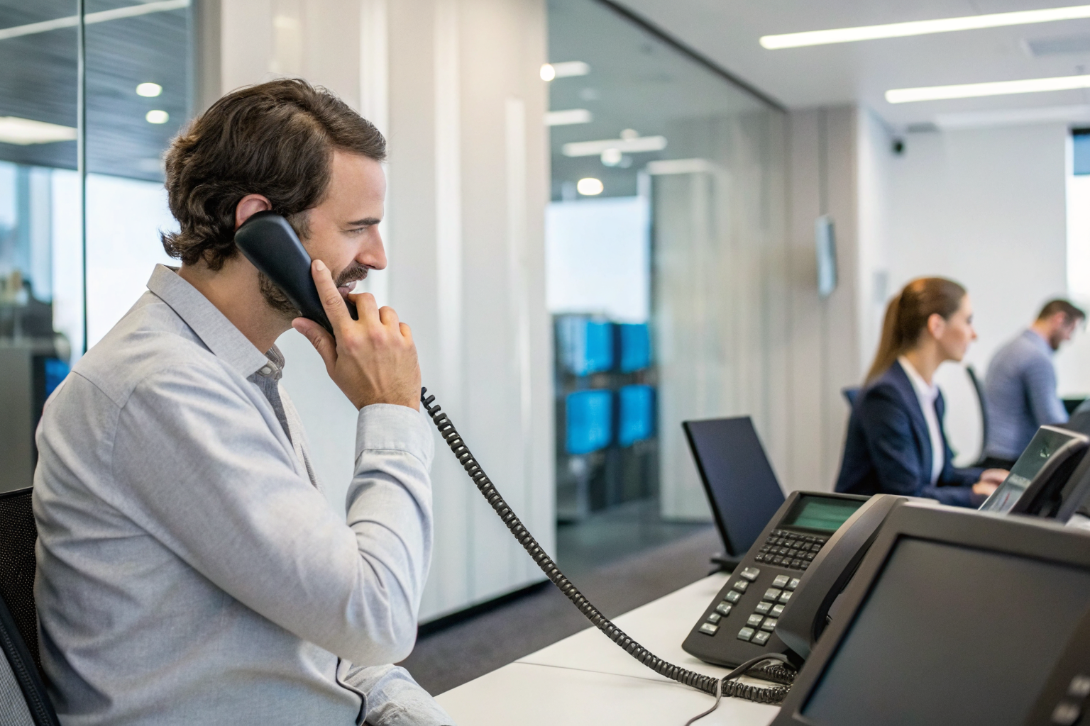 Customer calling AI demo line in modern office.