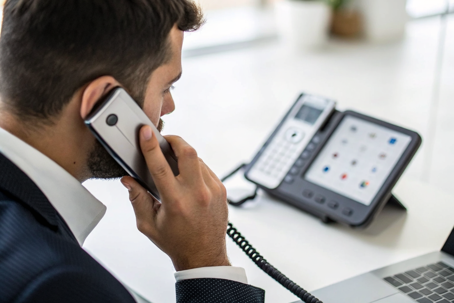 Business owner using phone for AI demo line in Tempe setup.