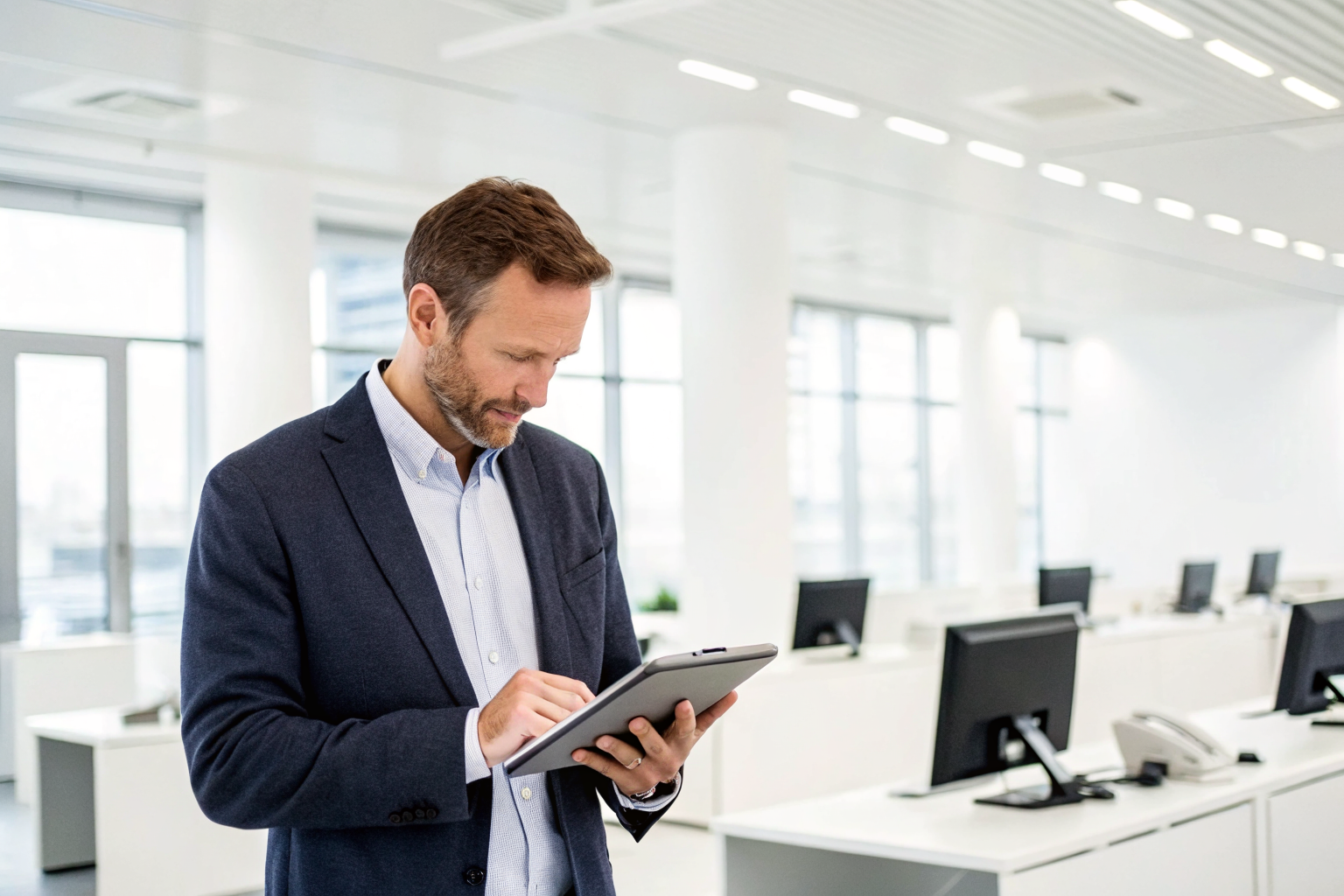 Business owner using tablet to sign up for AI service.