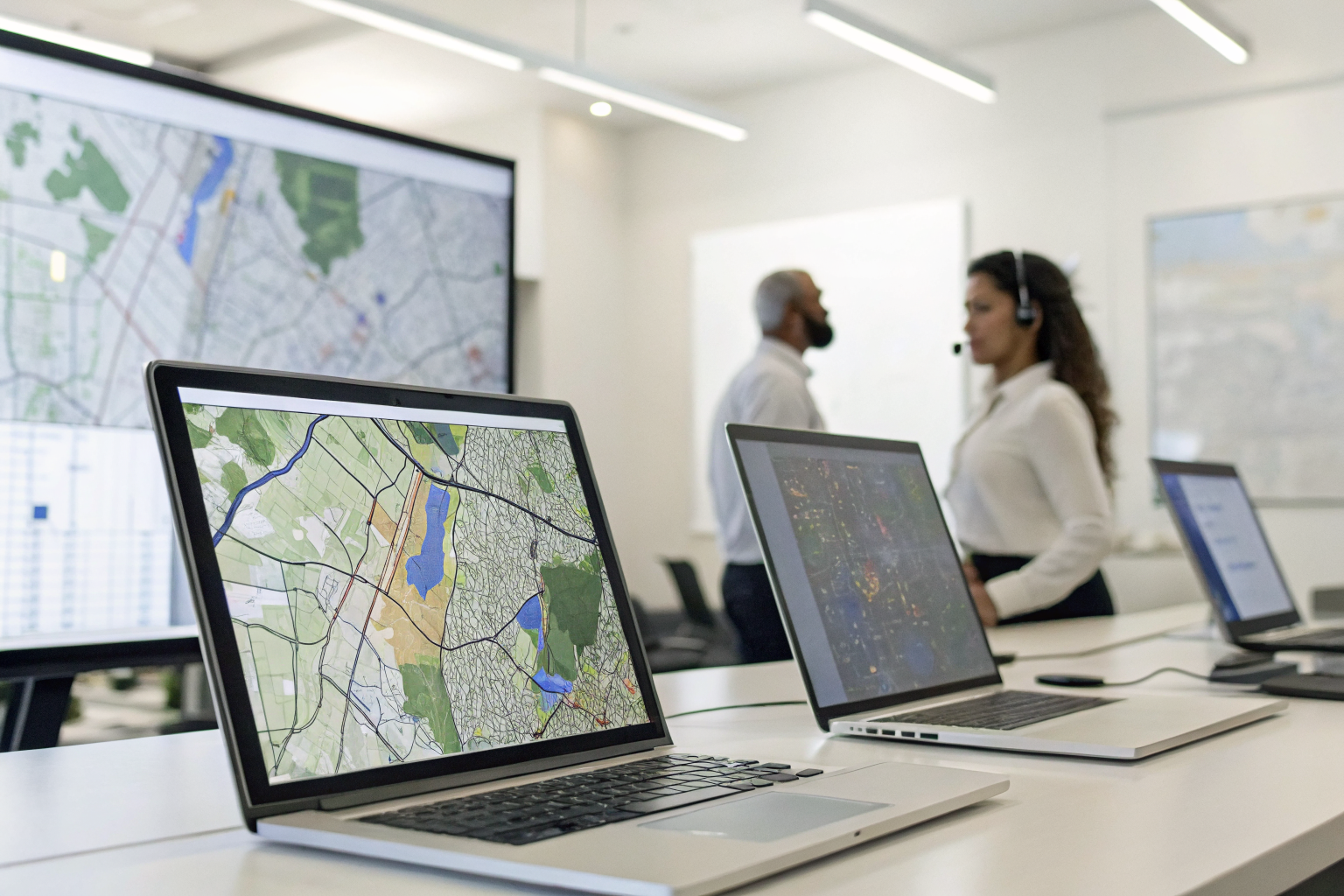 Office with Glendale maps and call stats on screens.