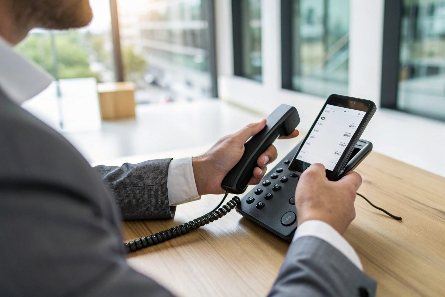 Business owner dials demo line on smartphone in office.