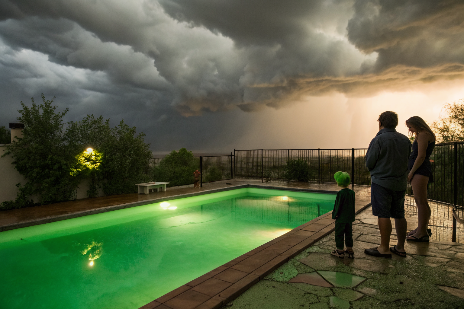 Green pool under stormy sky with worried family nearby.