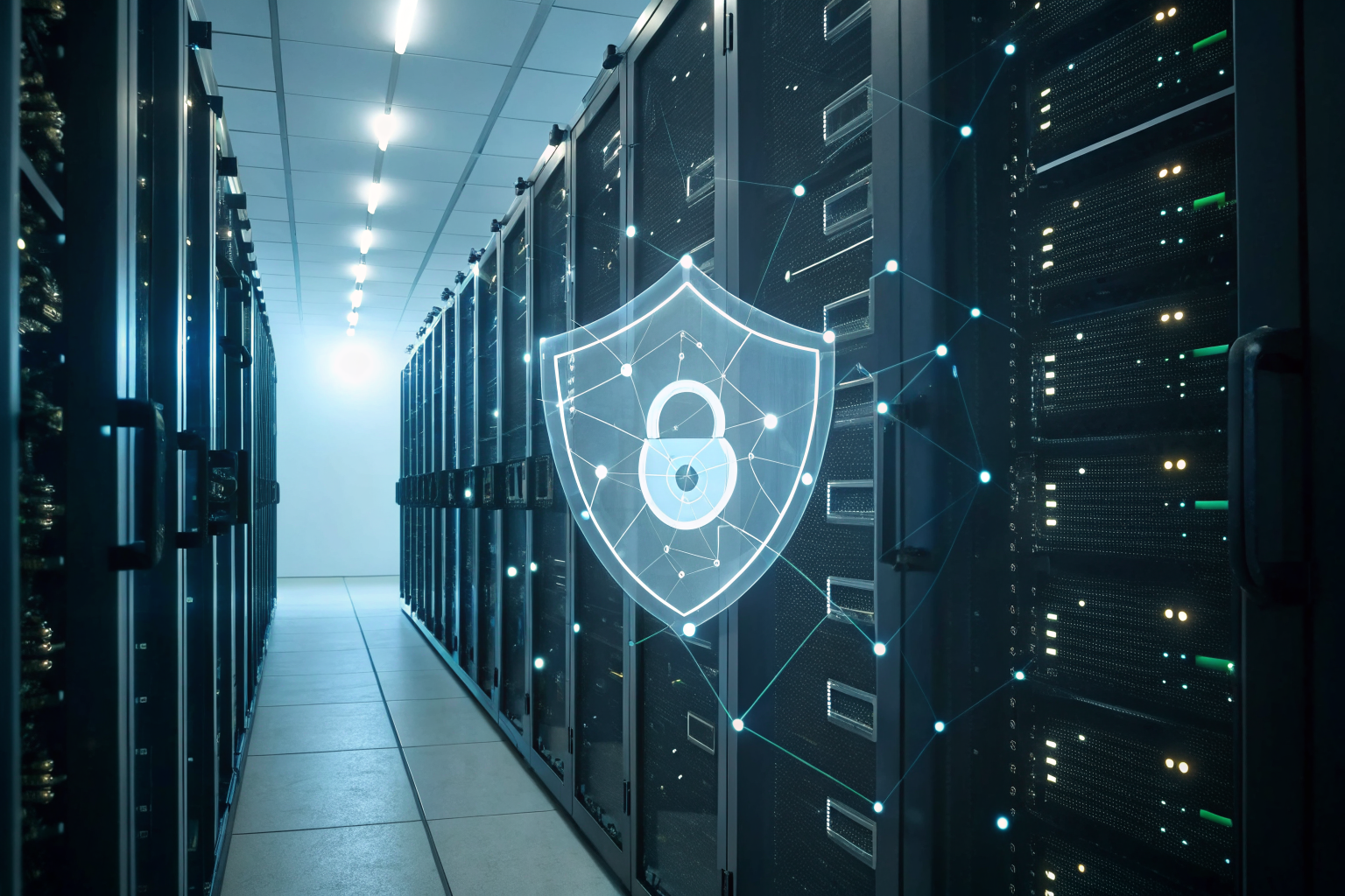 Shield icon over network representing HIPAA-compliant AI.