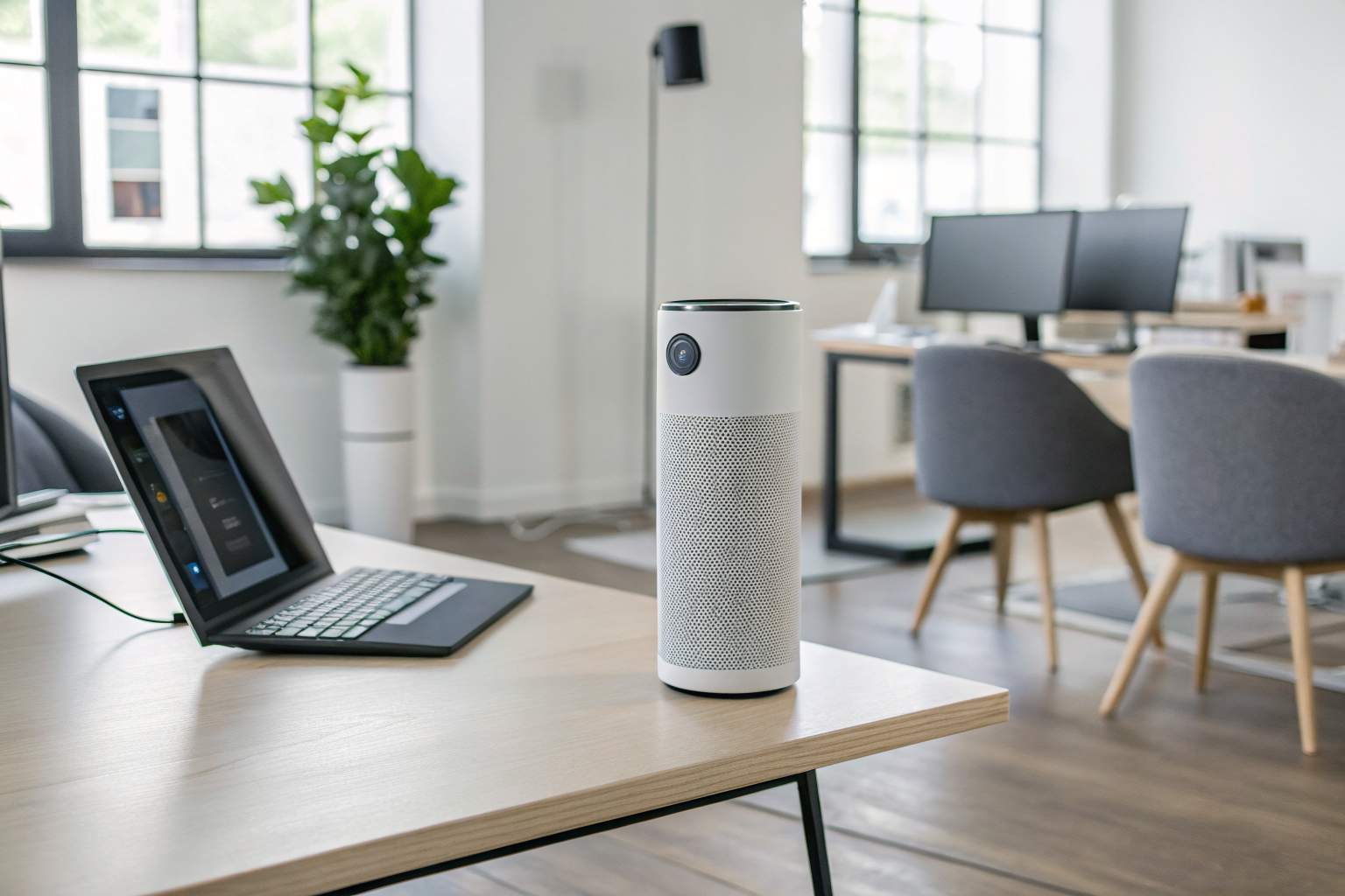 Smart device processing inbound call with speech recognition in a modern office.