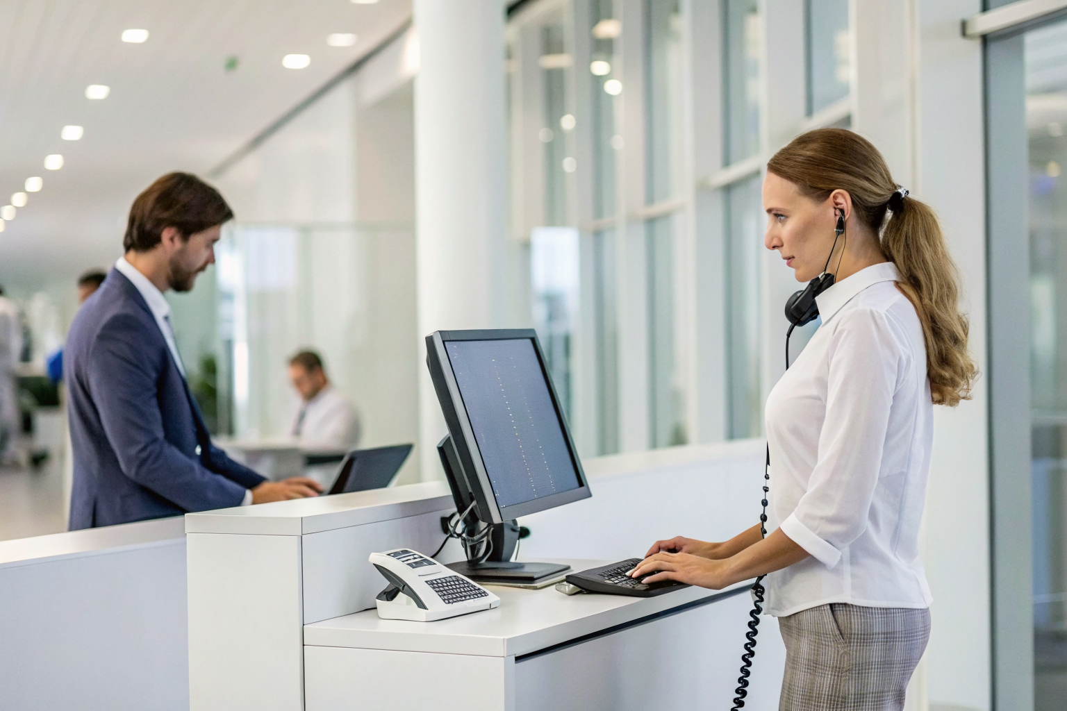 Office with AI system and part-time human receptionist for complex tasks.