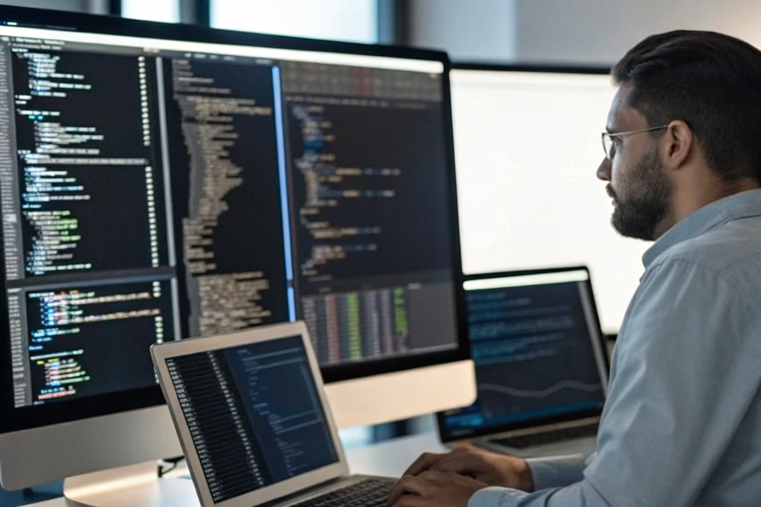 IT professional configuring API connections on a computer.