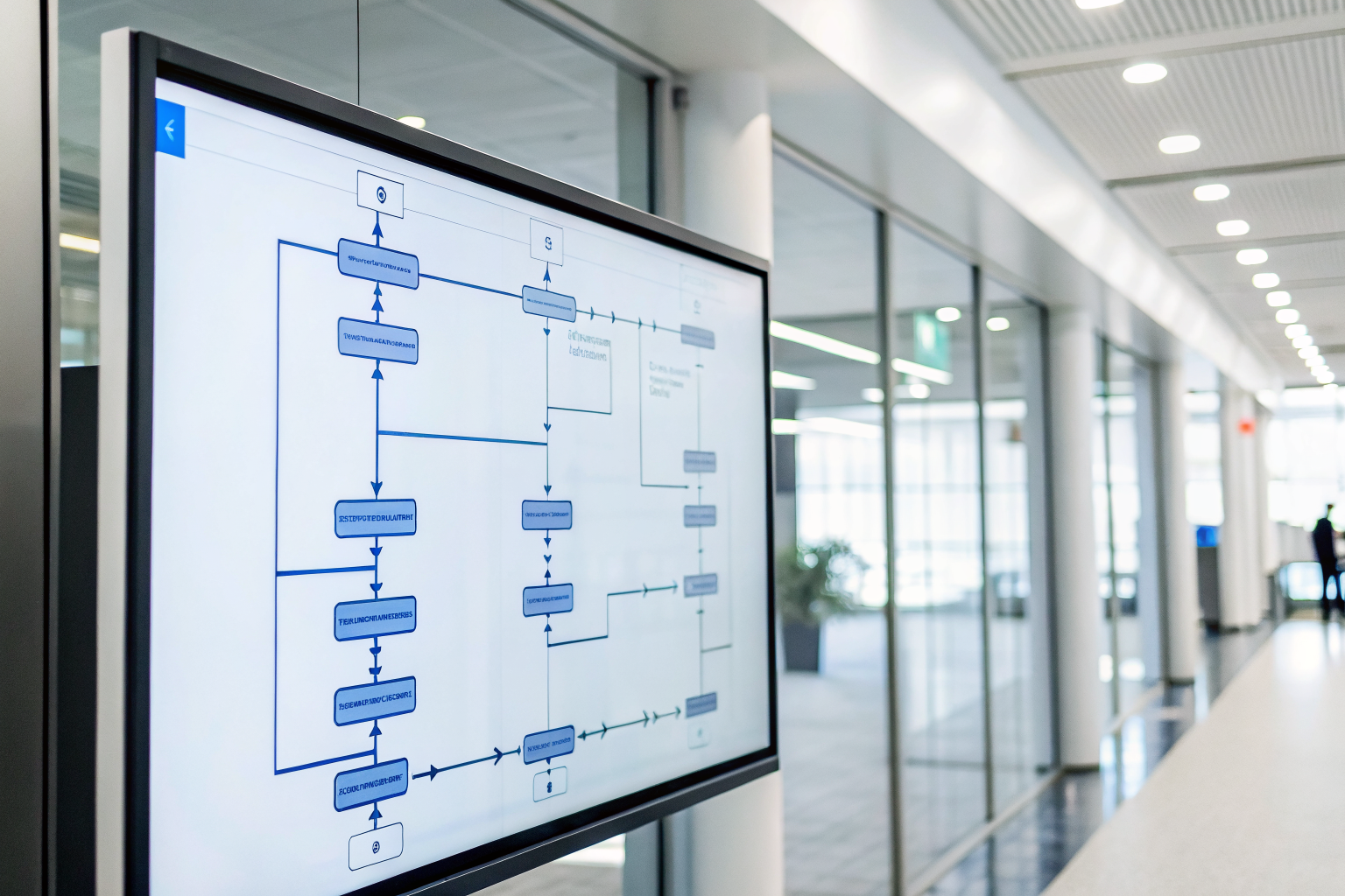 Display with automation sequence flow chart in office setting.