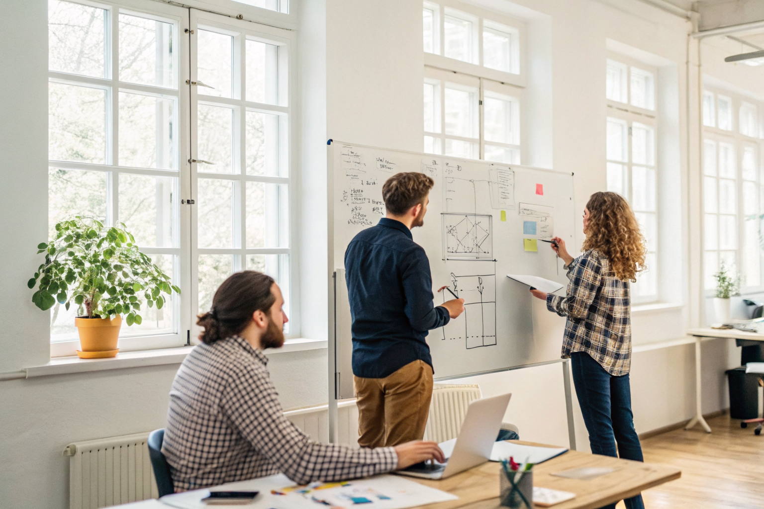 Team collaborating in office with whiteboard showing AI plans.