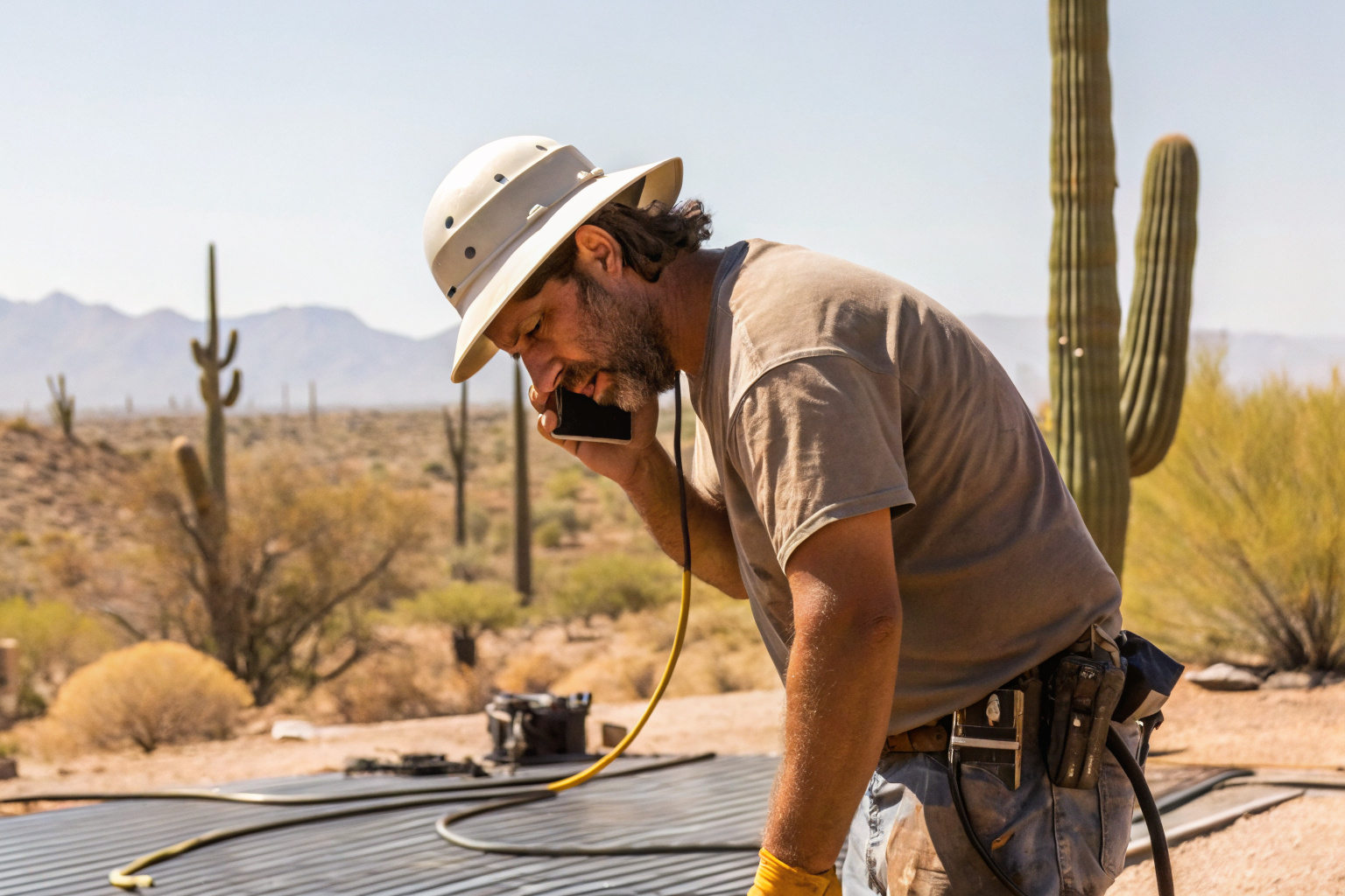 Technician outdoors in Mesa missing a call, hot day.
