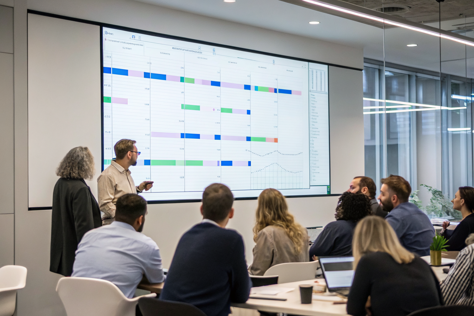 Timeline chart in meeting room showing AI migration phases.